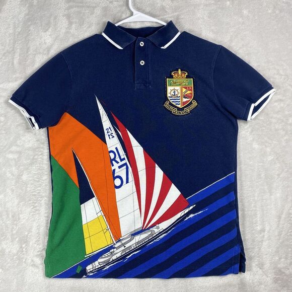 Polo Ralph Lauren Shirt Men Size SM Blue Custom Fit‎ Yacht Club Sailing SailBoat